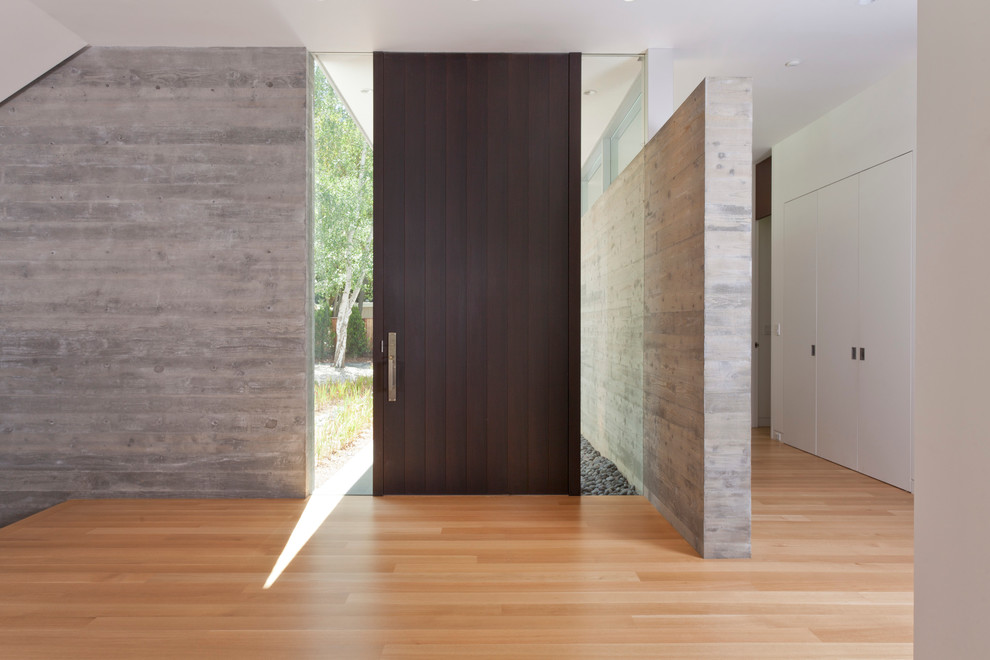Aménagement d'une grande entrée moderne avec un mur blanc, parquet clair, une porte simple et une porte marron.