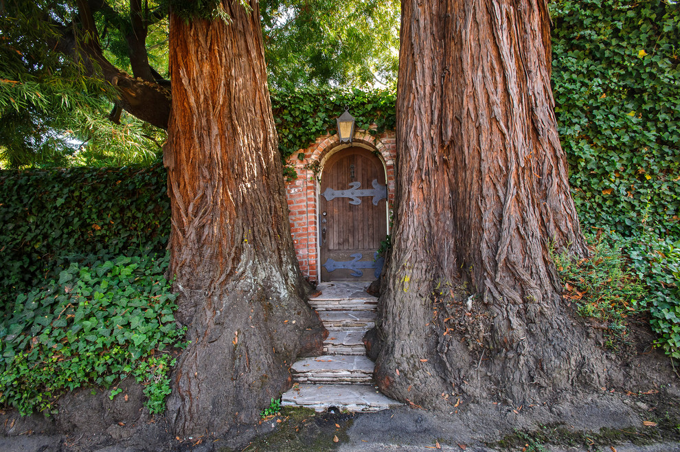 Aménagement d'une entrée éclectique avec une porte simple et une porte en bois foncé.