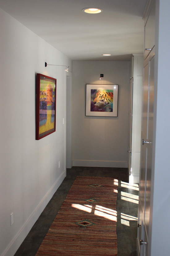 Immagine di un corridoio design di medie dimensioni con pareti bianche, una porta bianca, parquet scuro e una porta a due ante