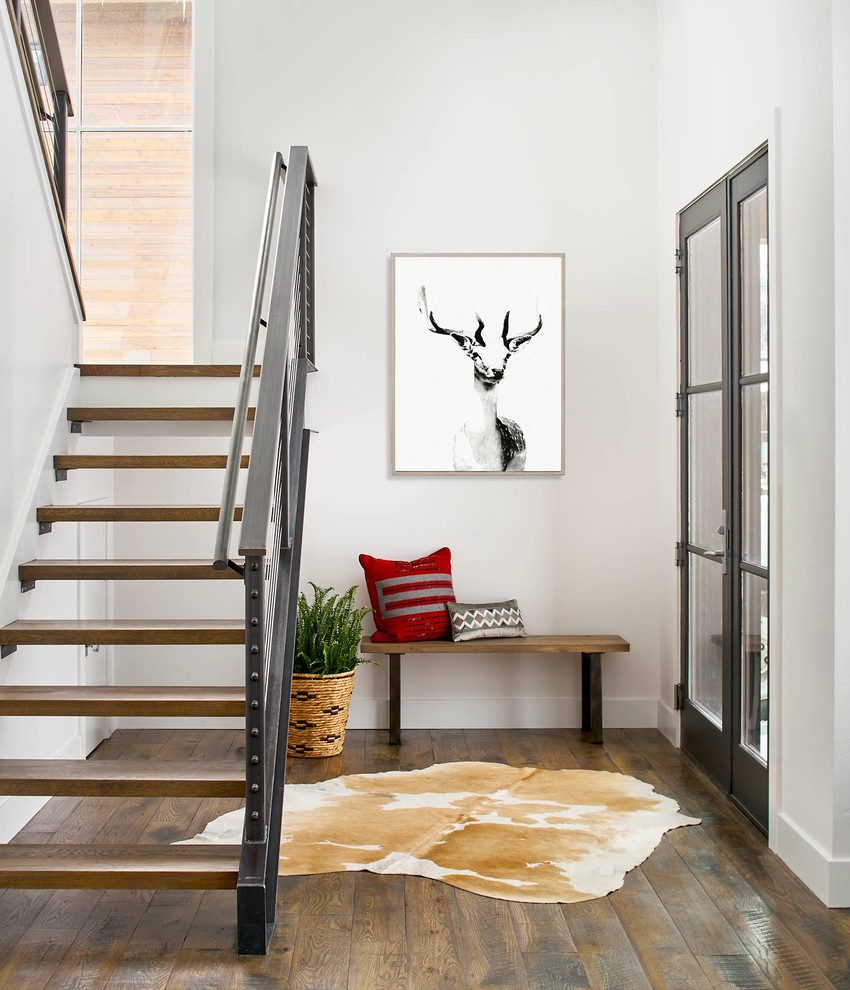 Rustikales Foyer mit weißer Wandfarbe, braunem Holzboden, Einzeltür und Haustür aus Glas in Denver