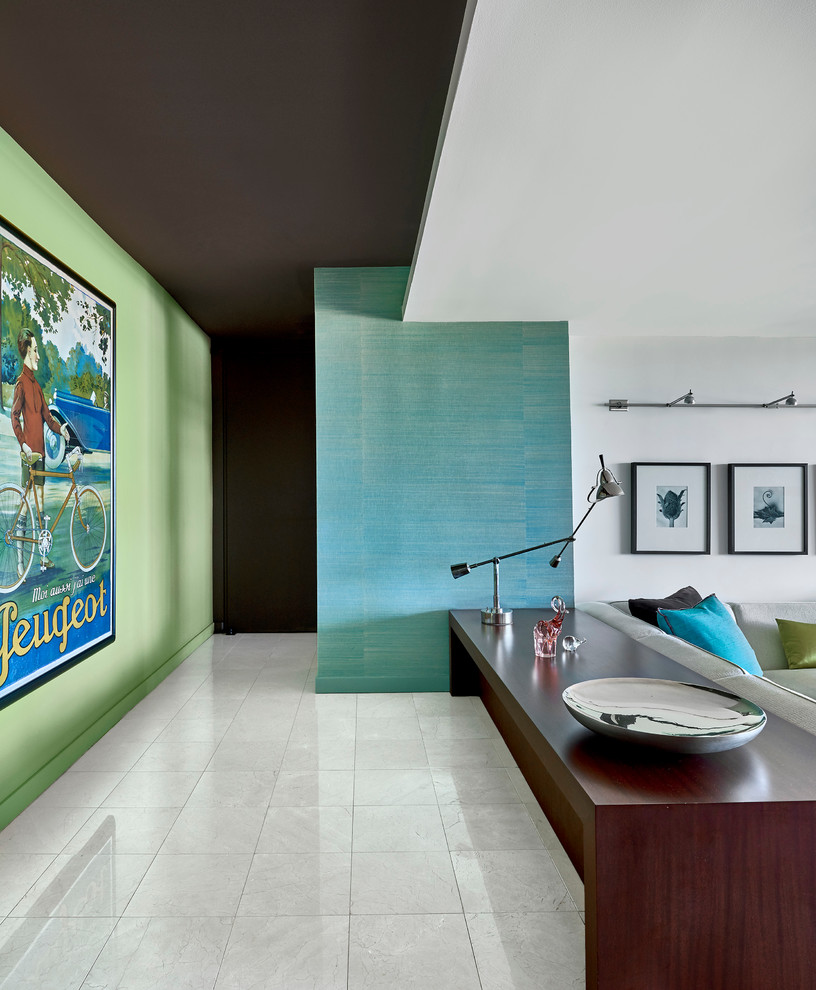 Design ideas for a medium sized contemporary foyer in Chicago with green walls and marble flooring.