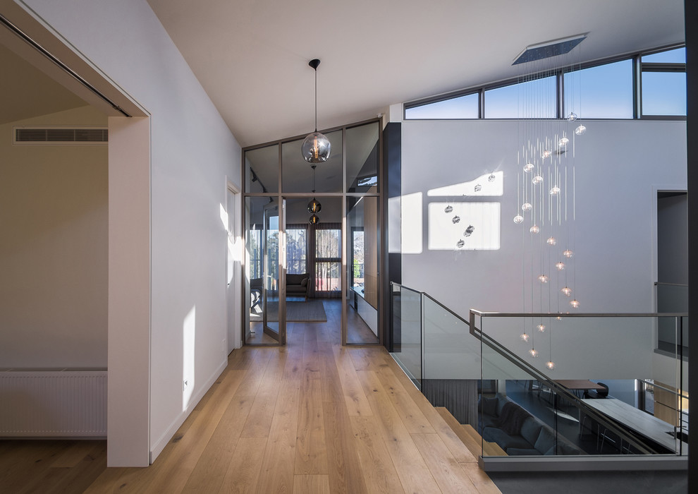 Idee per un ingresso minimalista di medie dimensioni con pareti bianche, pavimento in legno massello medio, una porta singola, una porta grigia e pavimento marrone