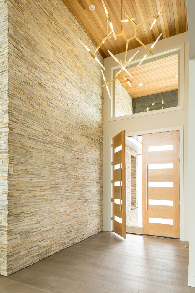 Diseño de distribuidor minimalista grande con paredes multicolor, suelo de madera en tonos medios, puerta doble, puerta de madera clara y suelo gris