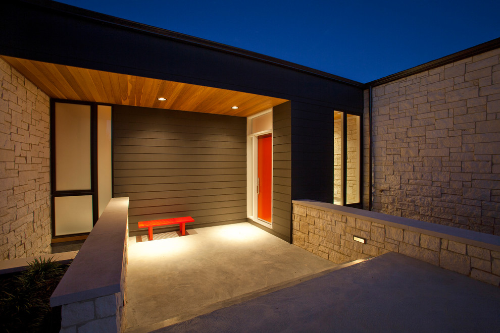 Idéer för en modern ingång och ytterdörr, med en enkeldörr och en röd dörr