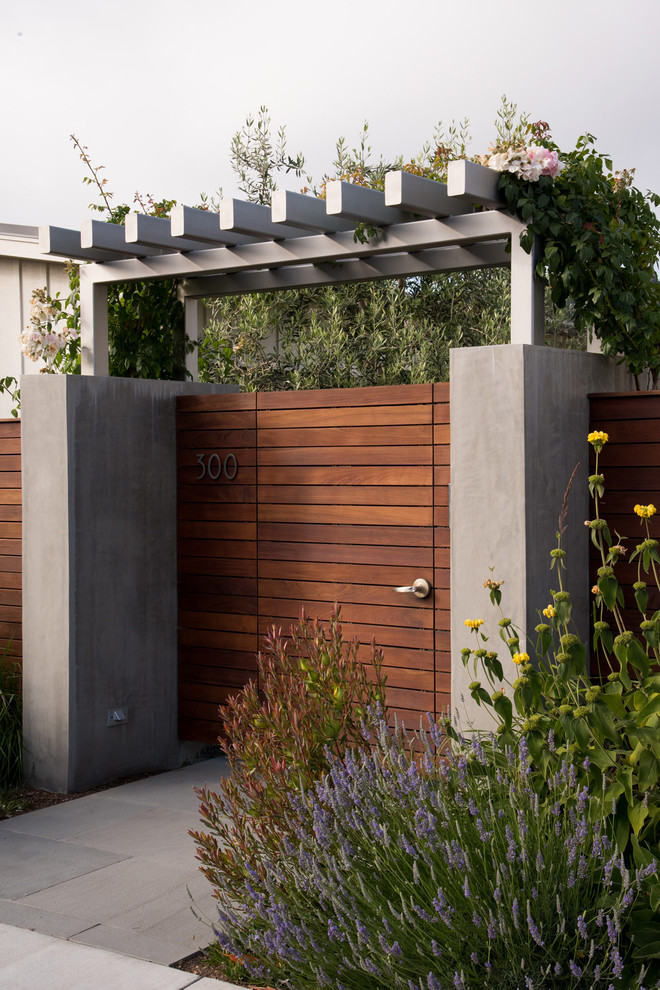 Idée de décoration pour une porte d'entrée design de taille moyenne avec un mur gris, sol en béton ciré, une porte simple et une porte en bois foncé.