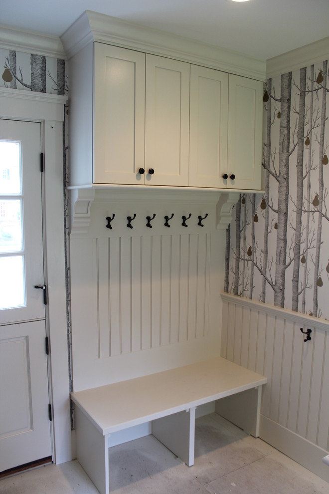 Photo of a traditional boot room in Boston with white walls, a stable front door and a white front door.