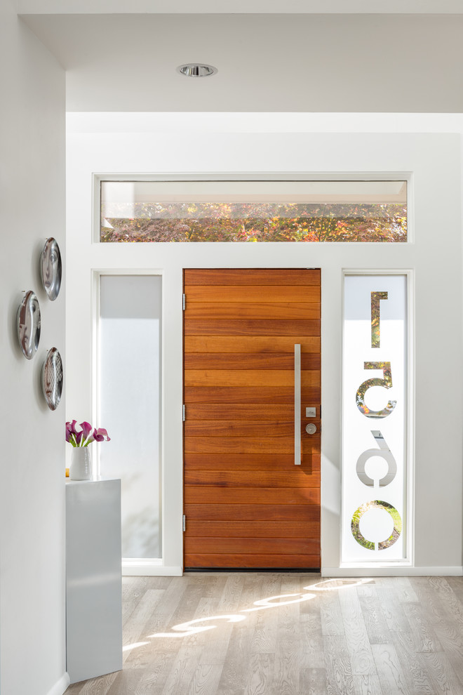 Пример оригинального дизайна: большая узкая прихожая в современном стиле с серыми стенами, паркетным полом среднего тона, одностворчатой входной дверью, входной дверью из темного дерева и коричневым полом