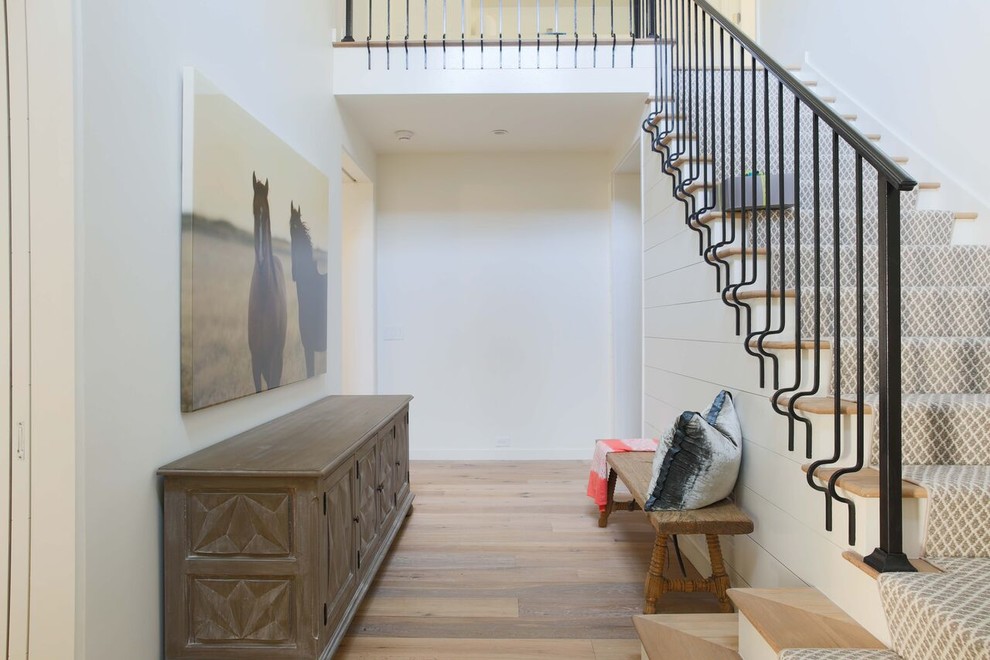 Photo of a modern foyer in Charlotte with white walls and light hardwood flooring.