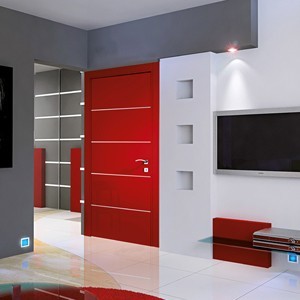 Inspiration för en funkis entré, med en enkeldörr och en röd dörr