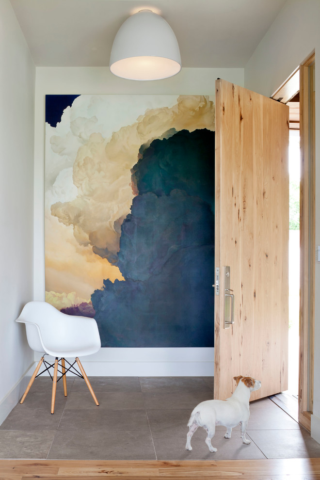 Single front door - contemporary single front door idea in Denver with a light wood front door