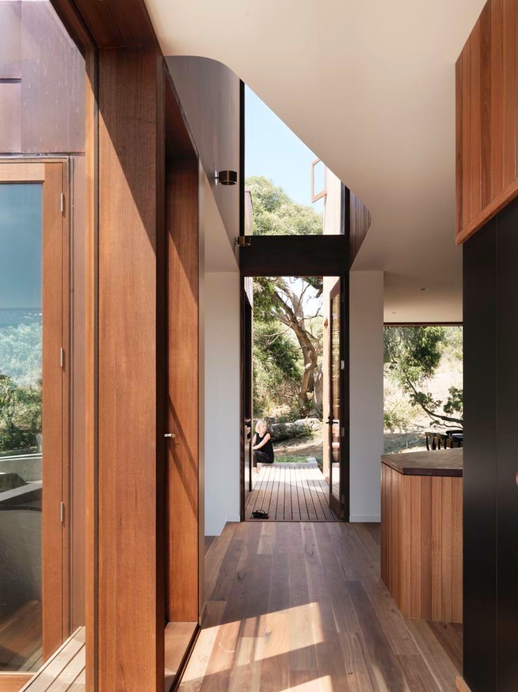 Foto de hall actual de tamaño medio con suelo de madera en tonos medios, puerta pivotante y puerta de vidrio