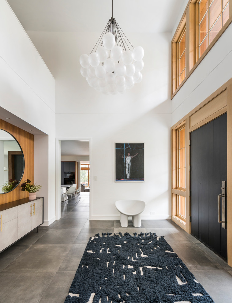 Idée de décoration pour une porte d'entrée design en bois avec une porte simple, une porte noire, un mur blanc, un sol gris, un plafond voûté et un sol en carrelage de céramique.