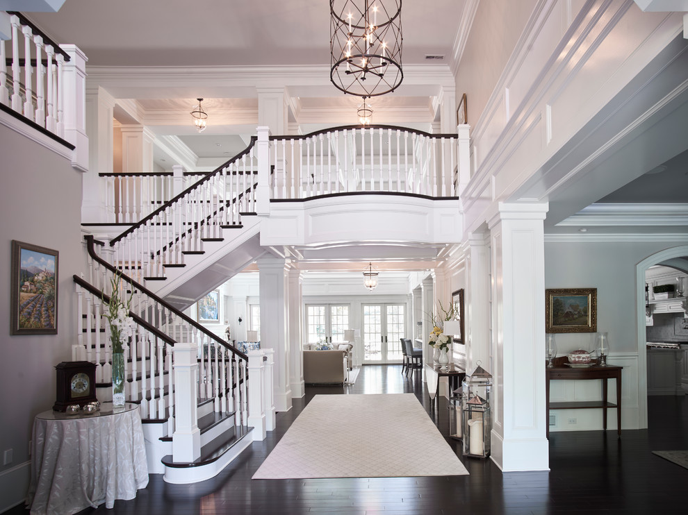 Inspiration for an expansive contemporary foyer in Philadelphia with white walls, dark hardwood flooring, a double front door and a dark wood front door.