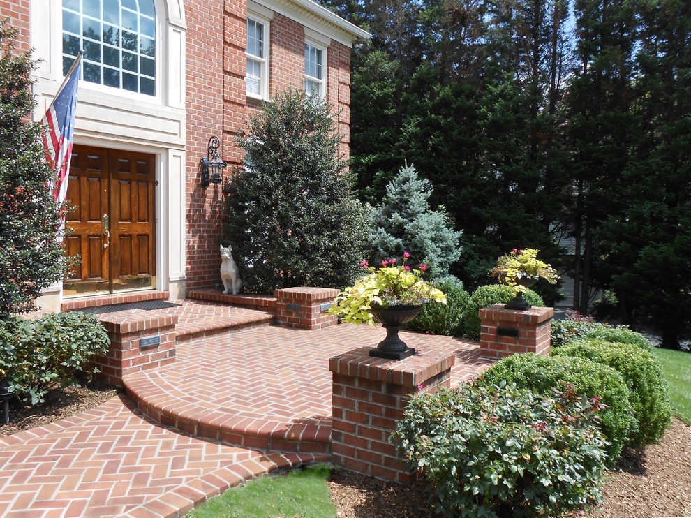 Brick Herringbone Front Entrance w Posts and Walkway Traditional