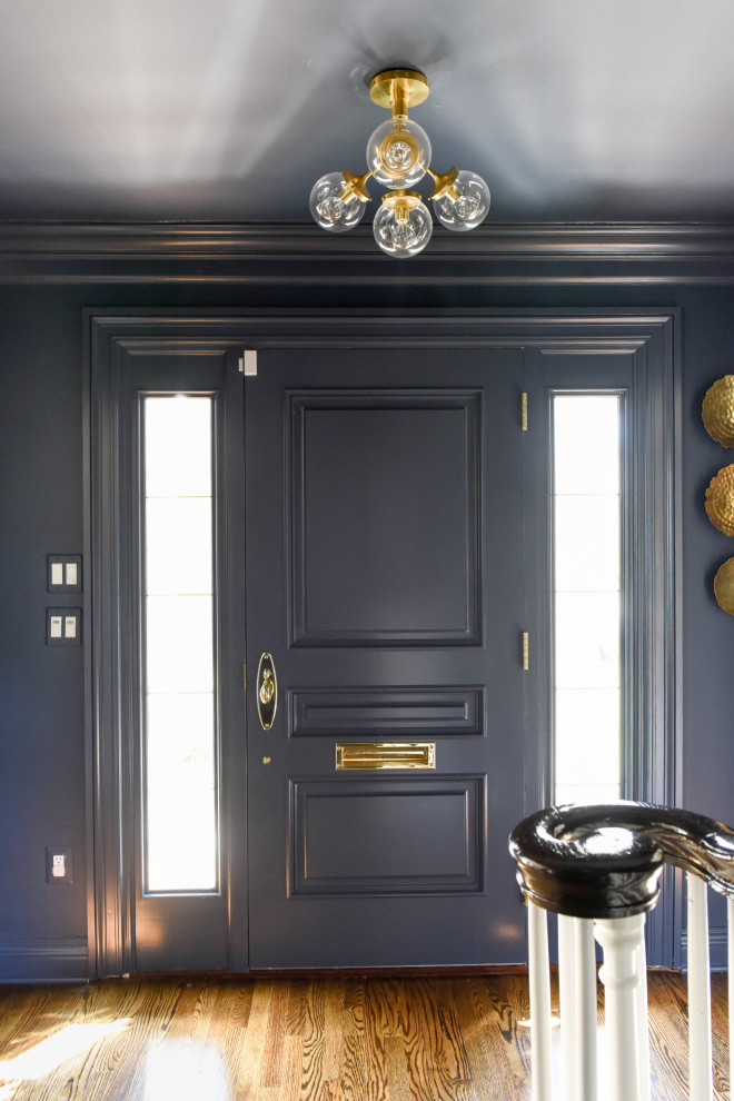 Mittelgroße Klassische Haustür mit schwarzer Wandfarbe, hellem Holzboden, Einzeltür, schwarzer Haustür und braunem Boden in New York