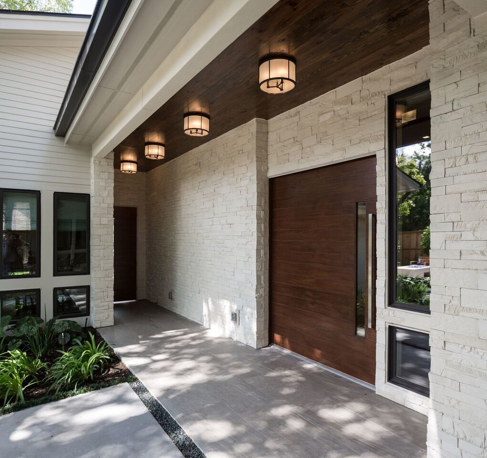 Contemporary front door in Little Rock with a dark wood front door, feature lighting and a pivot front door.