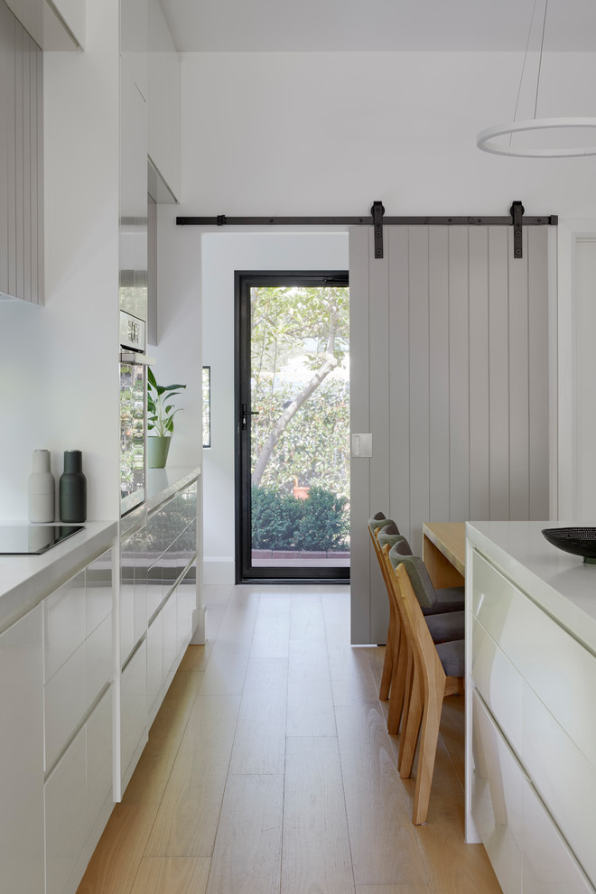 Idée de décoration pour un petit hall d'entrée minimaliste avec un mur blanc, parquet clair, une porte simple et une porte grise.