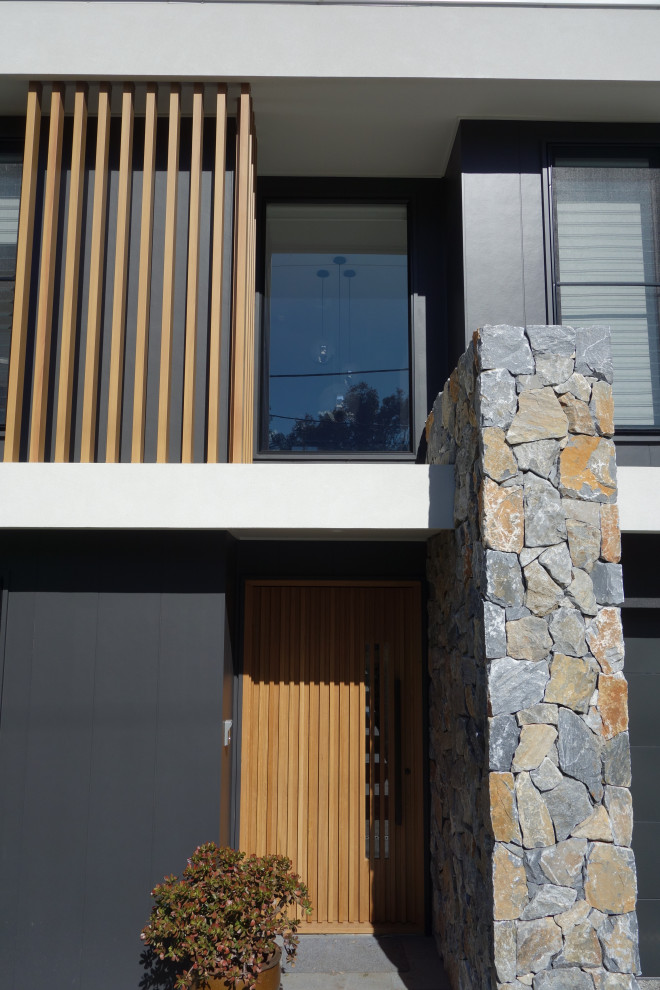 Ispirazione per una porta d'ingresso moderna di medie dimensioni con pareti nere, una porta a pivot e una porta in legno bruno