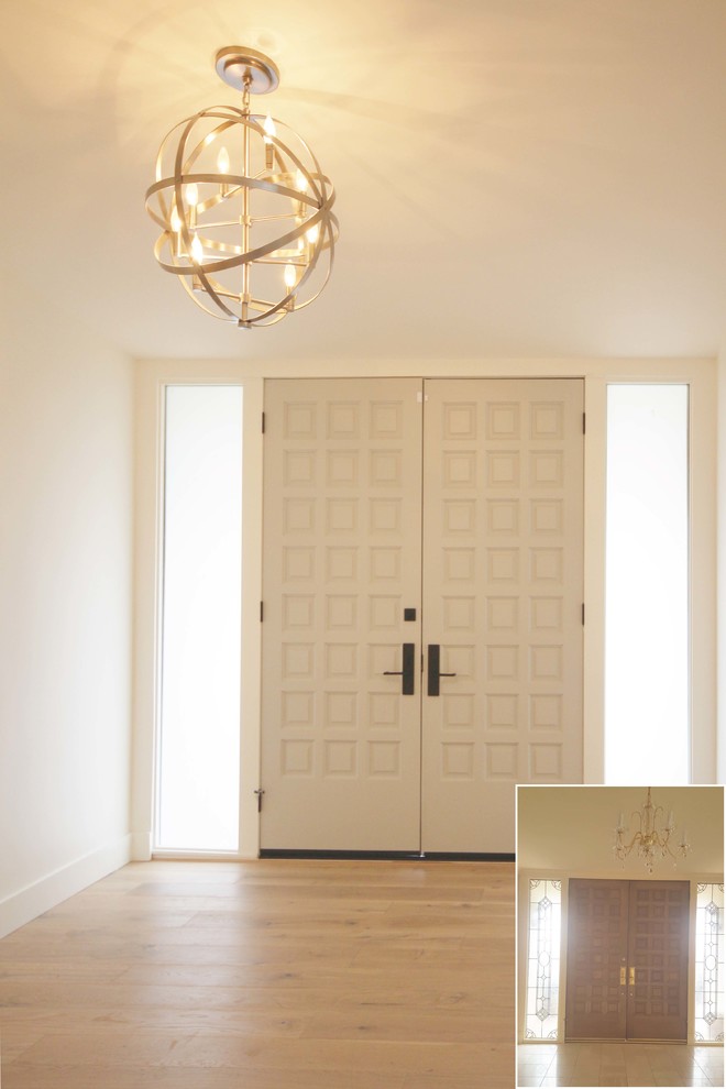 Design ideas for a medium sized contemporary front door in San Diego with white walls, light hardwood flooring, a double front door, a white front door and beige floors.
