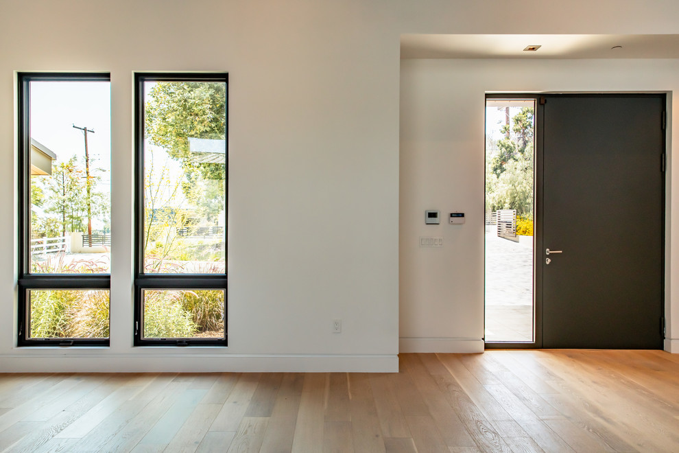 Foto på en mellanstor funkis ingång och ytterdörr, med vita väggar, mellanmörkt trägolv, en enkeldörr, en svart dörr och brunt golv