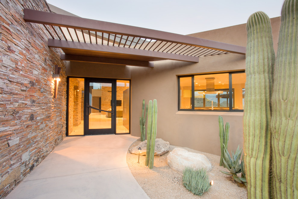 Design ideas for a large contemporary front door in Phoenix with brown walls, a pivot front door and a glass front door.