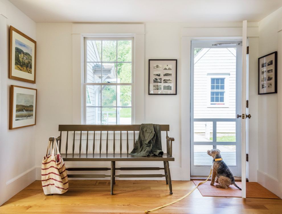 Maritimes Foyer mit weißer Wandfarbe, braunem Holzboden, Einzeltür und braunem Boden in Boston