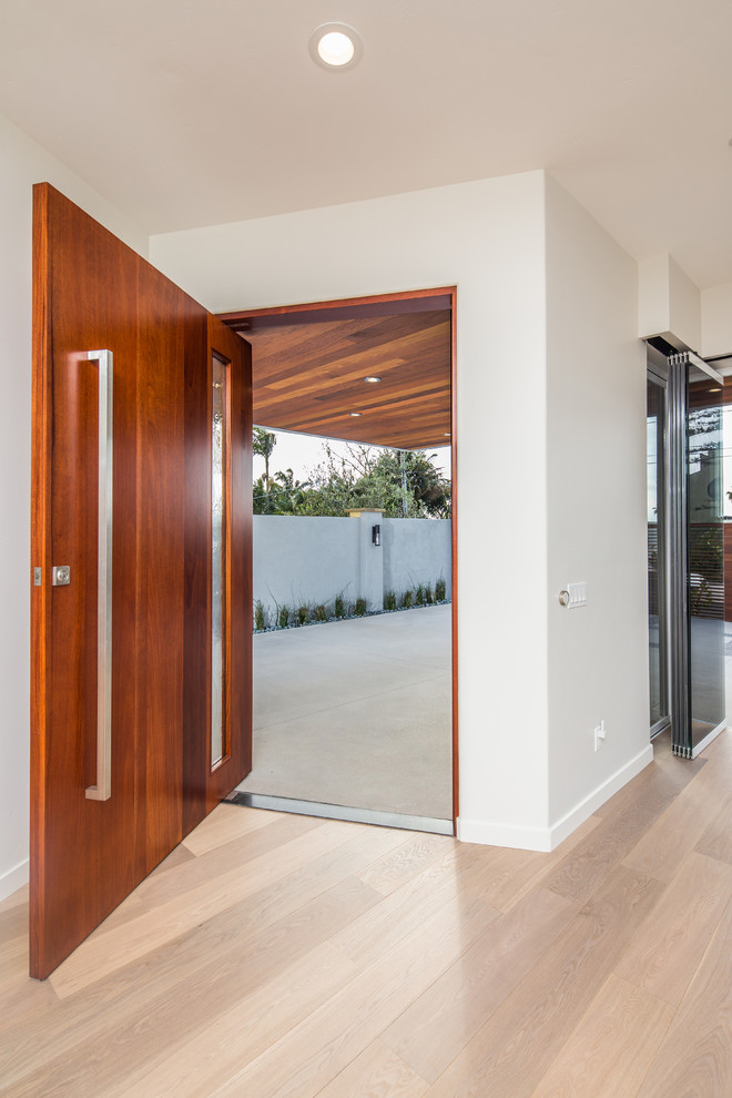 Photo of a large contemporary front door in San Diego with grey walls, light hardwood flooring, a pivot front door and a medium wood front door.