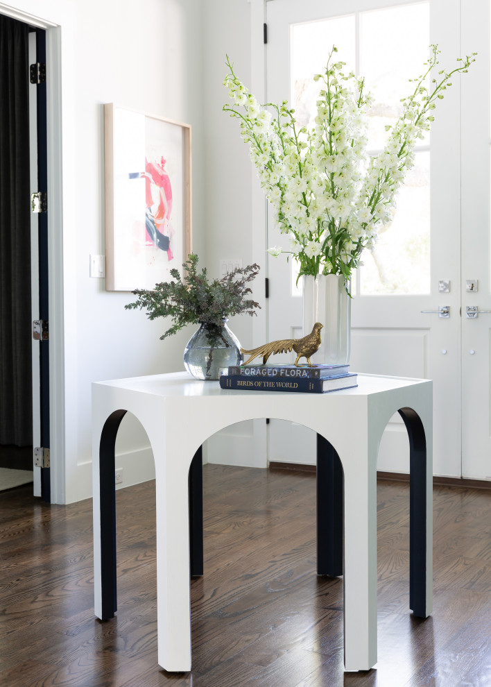 Inspiration for a large classic foyer in Dallas with grey walls, dark hardwood flooring, a double front door, a white front door and brown floors.