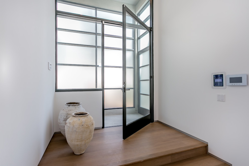 Exemple d'une très grande porte d'entrée tendance avec un mur blanc, un sol en bois brun, une porte pivot et une porte en verre.
