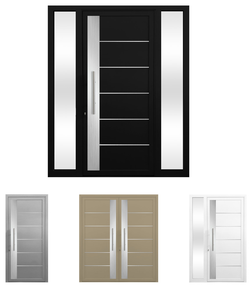 Kleine Moderne Haustür mit weißer Wandfarbe, Drehtür und schwarzer Haustür in Los Angeles