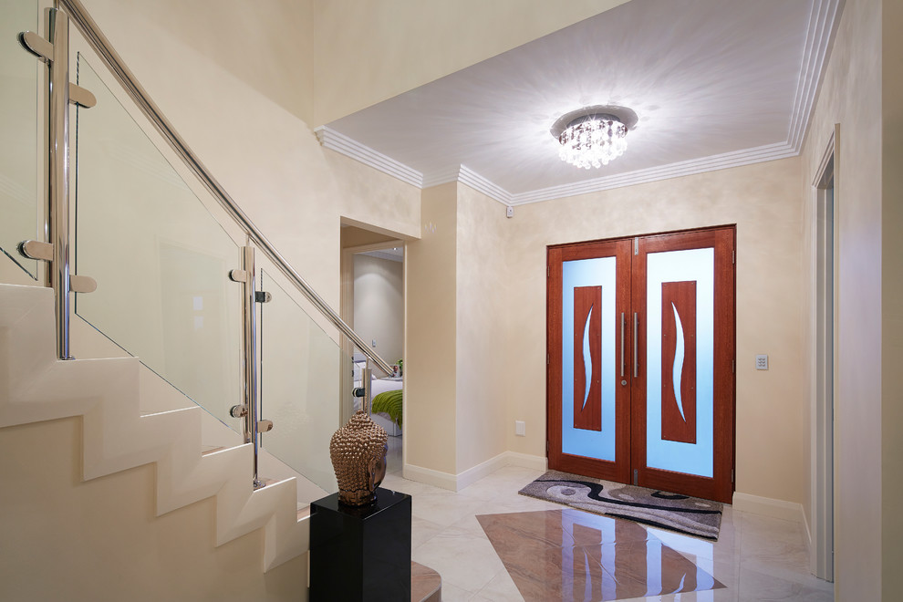Medium sized contemporary entrance in Perth with porcelain flooring, a double front door and a medium wood front door.