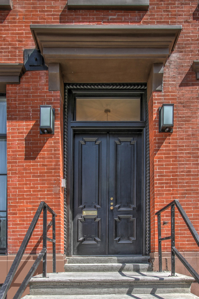 Design ideas for a classic front door in New York with a double front door and a black front door.