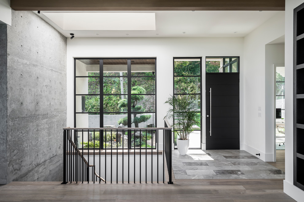 Idee per un grande ingresso design con pareti bianche, una porta singola, una porta nera e pavimento grigio