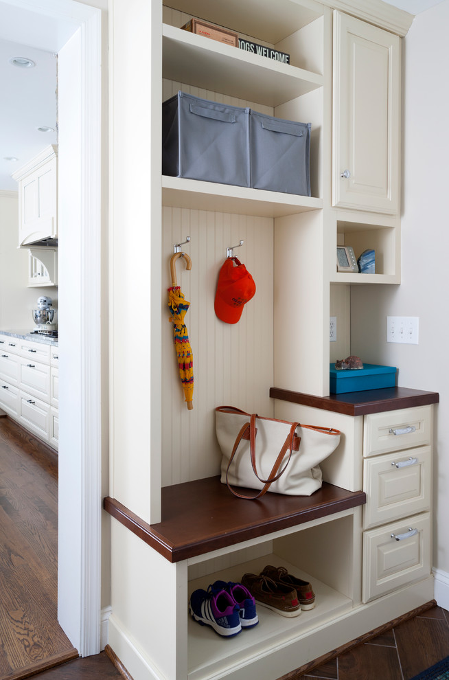 Design ideas for a small traditional boot room in DC Metro with grey walls and vinyl flooring.