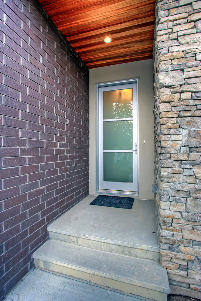 На фото: входная дверь в современном стиле с черными стенами, бетонным полом, одностворчатой входной дверью, стеклянной входной дверью и серым полом