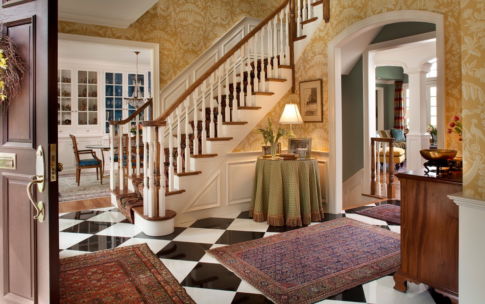 Inspiration for a large traditional foyer in Philadelphia with multi-coloured floors.