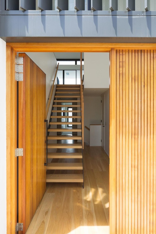 This is an example of a contemporary front door in Sydney with white walls, light hardwood flooring, a single front door and a medium wood front door.