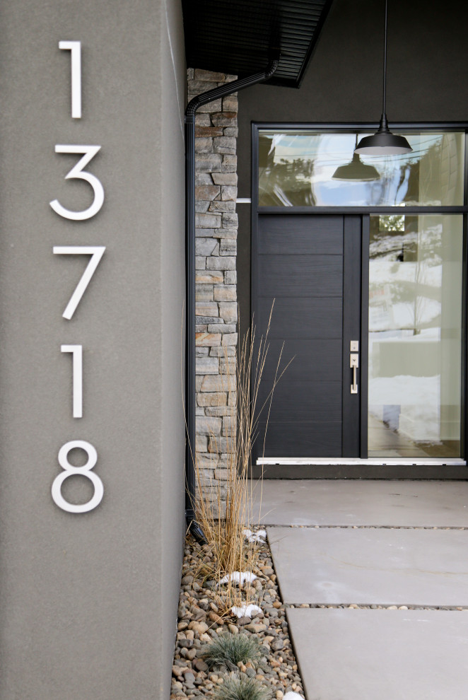 Foto de puerta principal moderna de tamaño medio con paredes marrones, suelo de cemento, puerta simple, puerta negra y suelo gris