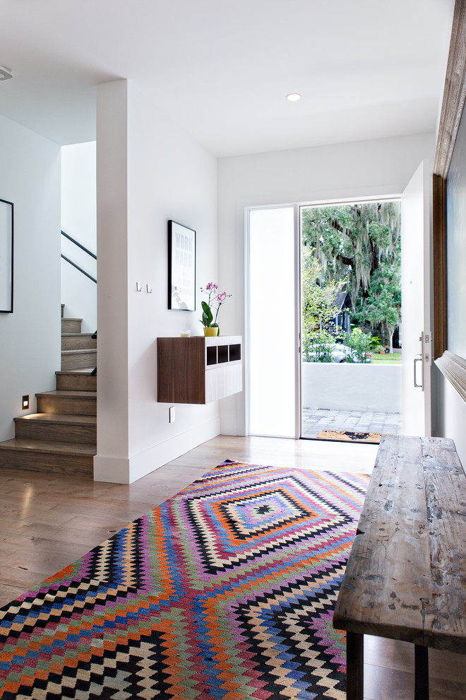 Источник вдохновения для домашнего уюта: фойе среднего размера в современном стиле с белыми стенами, светлым паркетным полом, одностворчатой входной дверью и белой входной дверью