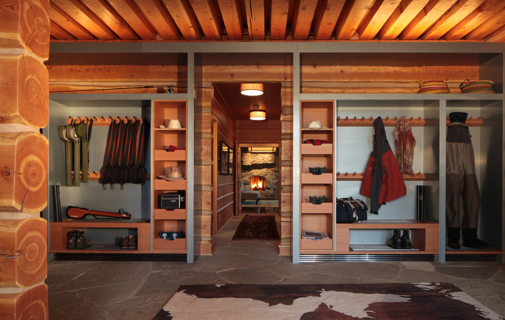 Photo of a large rustic boot room in Denver.