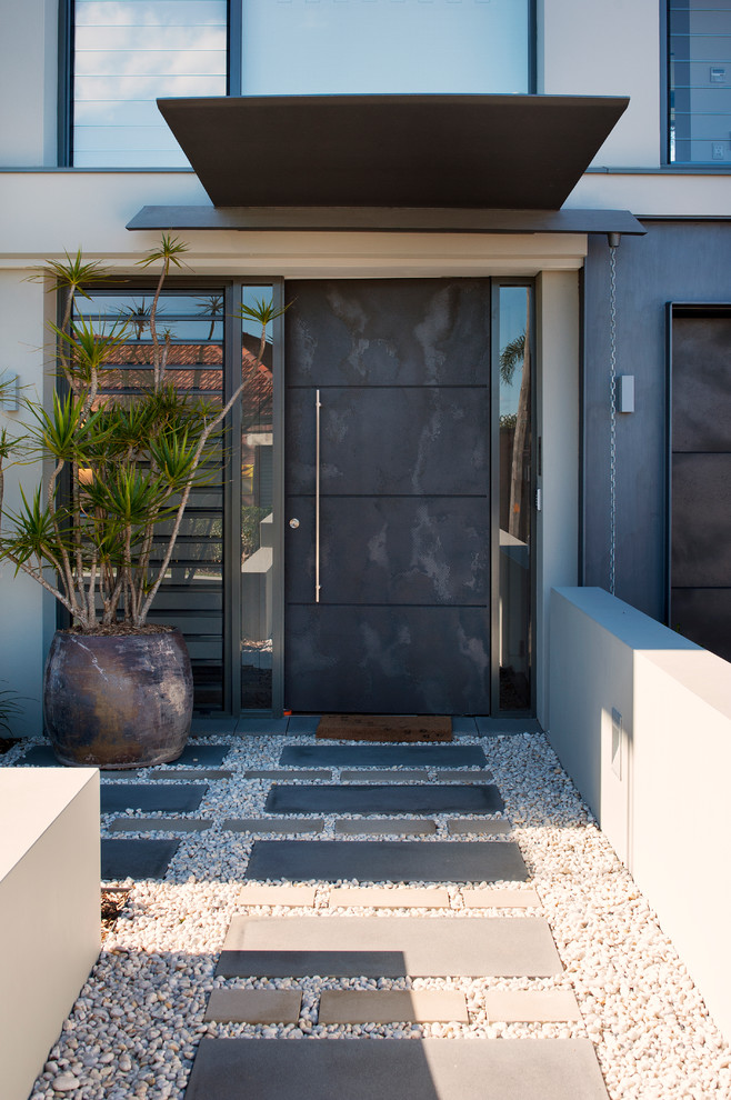 Contemporary front door in Sydney with slate flooring, a single front door and a grey front door.
