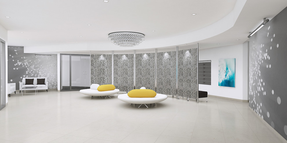 Foto de entrada minimalista grande con paredes blancas, suelo de baldosas de cerámica, puerta doble y puerta metalizada