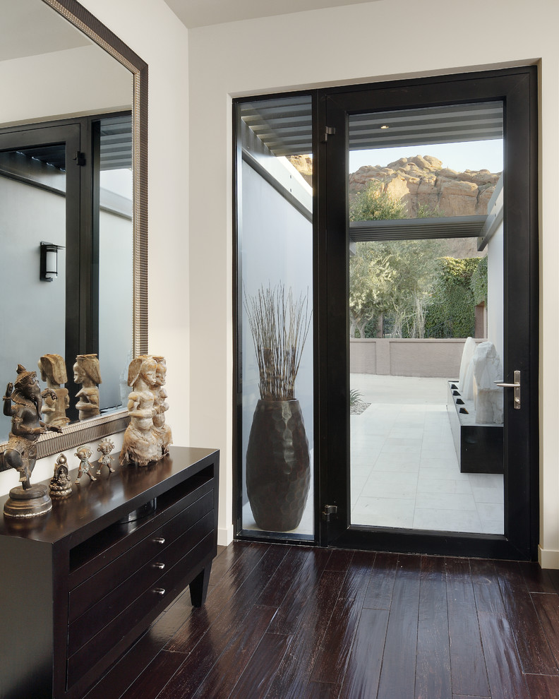 Design ideas for a contemporary porch in Phoenix with dark hardwood flooring and a single front door.
