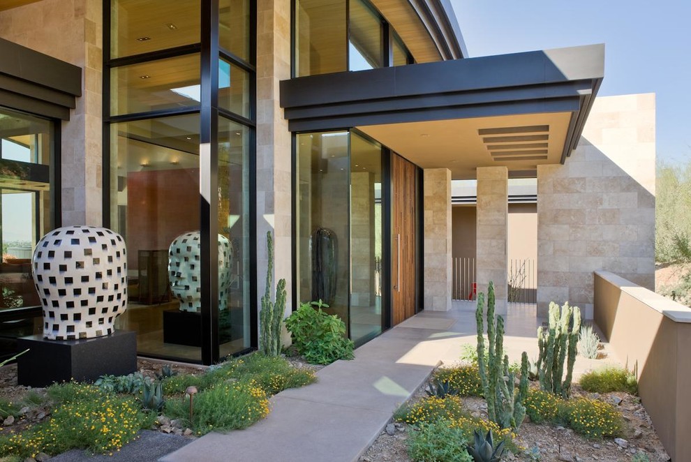 Design ideas for a contemporary front door in Phoenix with a single front door and a medium wood front door.