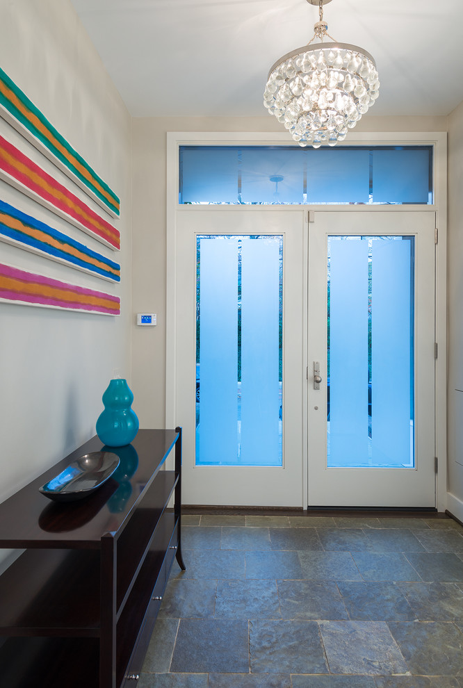 Trendy double front door photo in DC Metro with gray walls and a glass front door