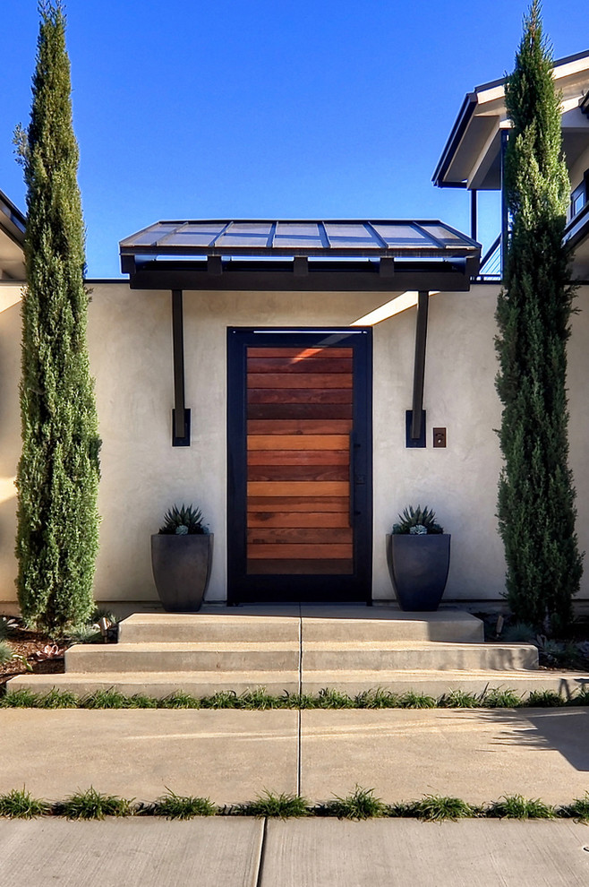 Cette image montre une porte d'entrée design avec une porte simple et une porte en bois brun.