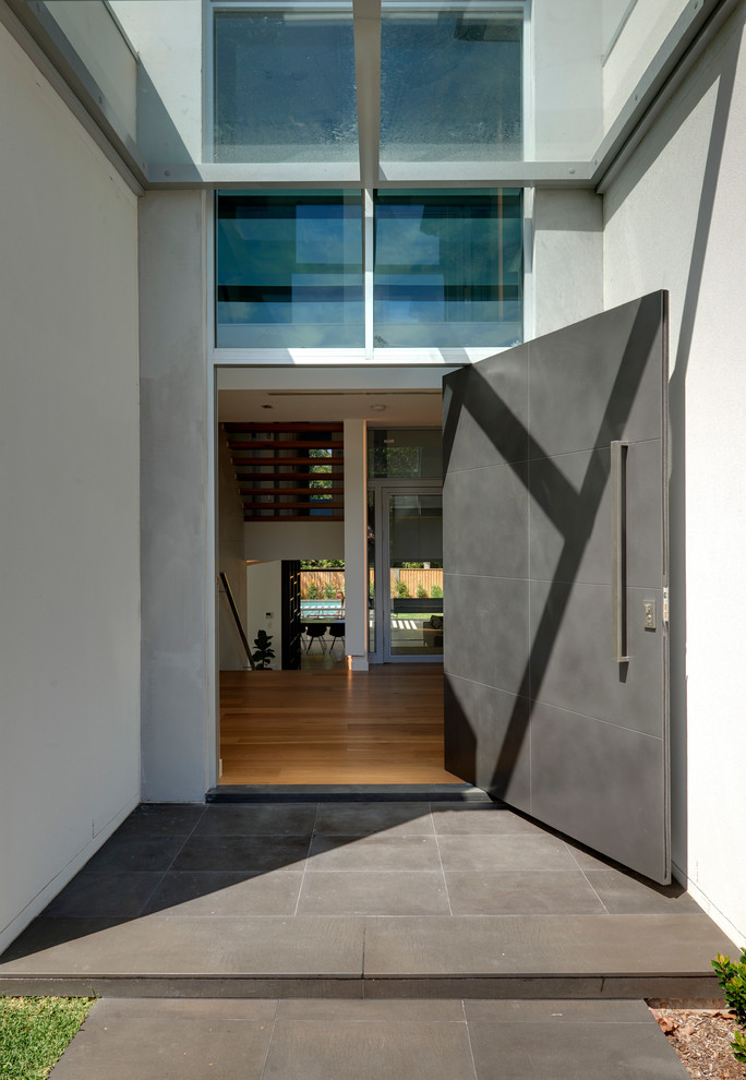 Cette photo montre une porte d'entrée tendance de taille moyenne avec une porte pivot, un mur blanc, sol en béton ciré, une porte grise et un sol gris.
