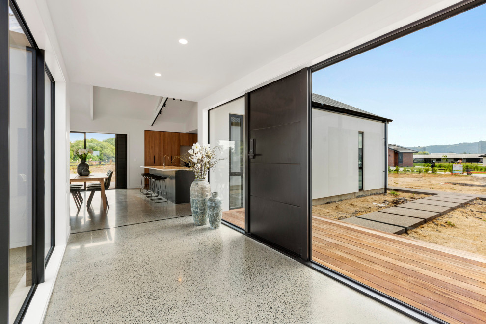 Источник вдохновения для домашнего уюта: входная дверь в современном стиле с белыми стенами, бетонным полом и серым полом
