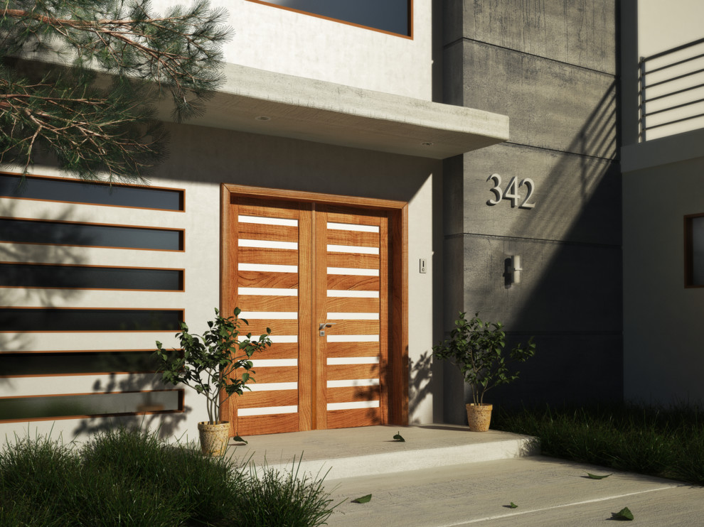 Источник вдохновения для домашнего уюта: входная дверь среднего размера в современном стиле с бежевыми стенами, бетонным полом, двустворчатой входной дверью и входной дверью из светлого дерева