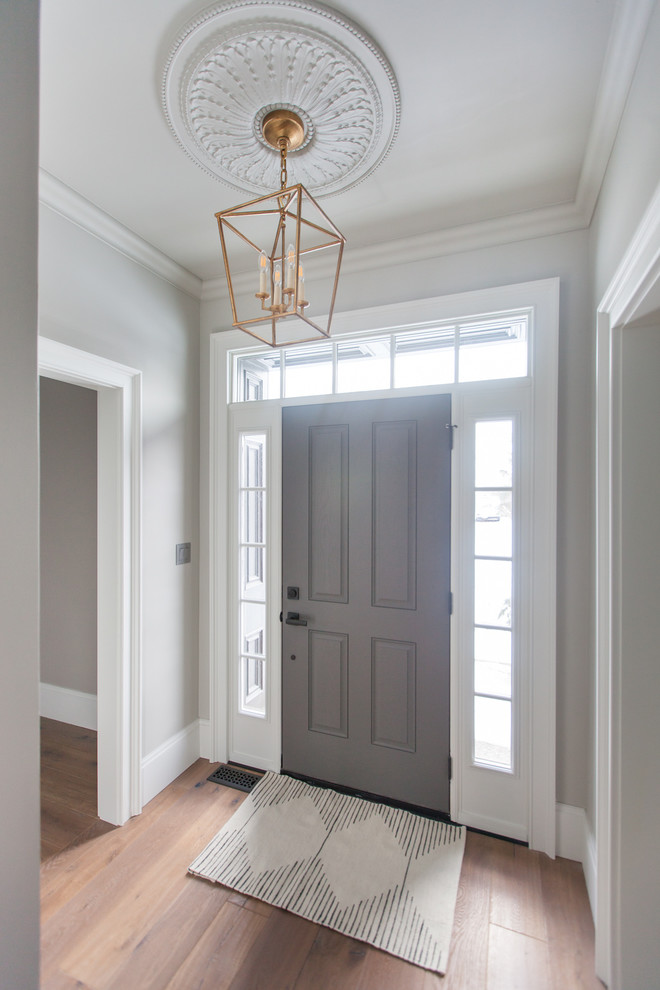 Mittelgroßes Modernes Foyer mit weißer Wandfarbe, braunem Holzboden, Einzeltür, grauer Haustür und braunem Boden in Toronto